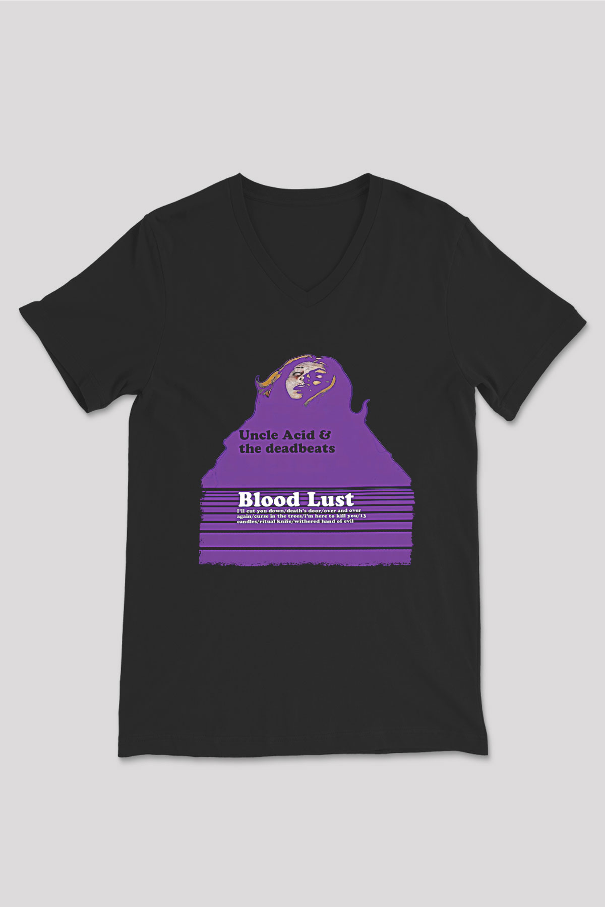 Uncle Acid Baskılı Unisex Siyah V Yaka Tişört - Tshirt