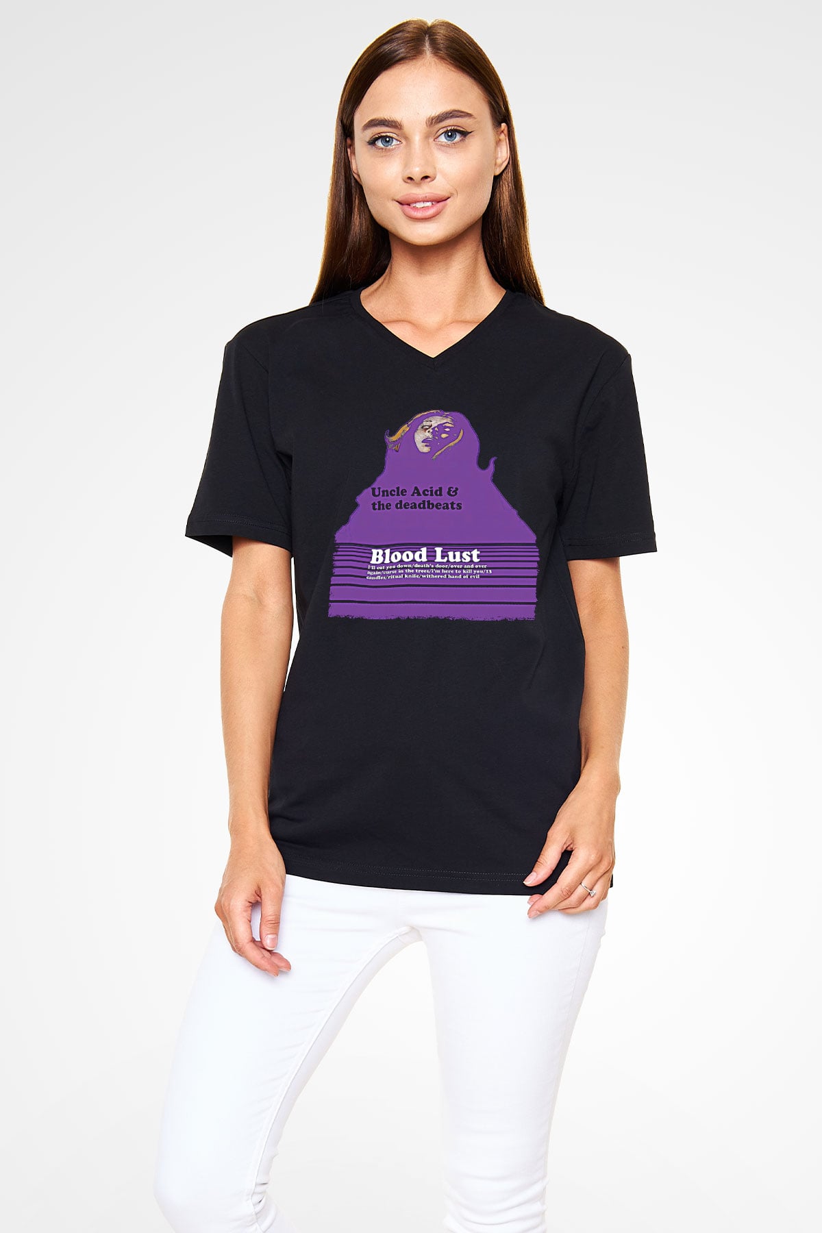 Uncle Acid Baskılı Unisex Siyah V Yaka Tişört - Tshirt