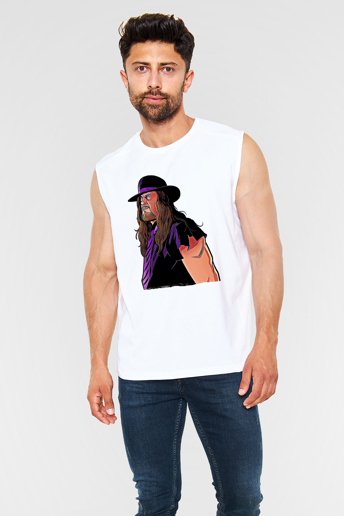 Undertaker Baskılı Beyaz Unisex Kolsuz Tişört - Tshirt