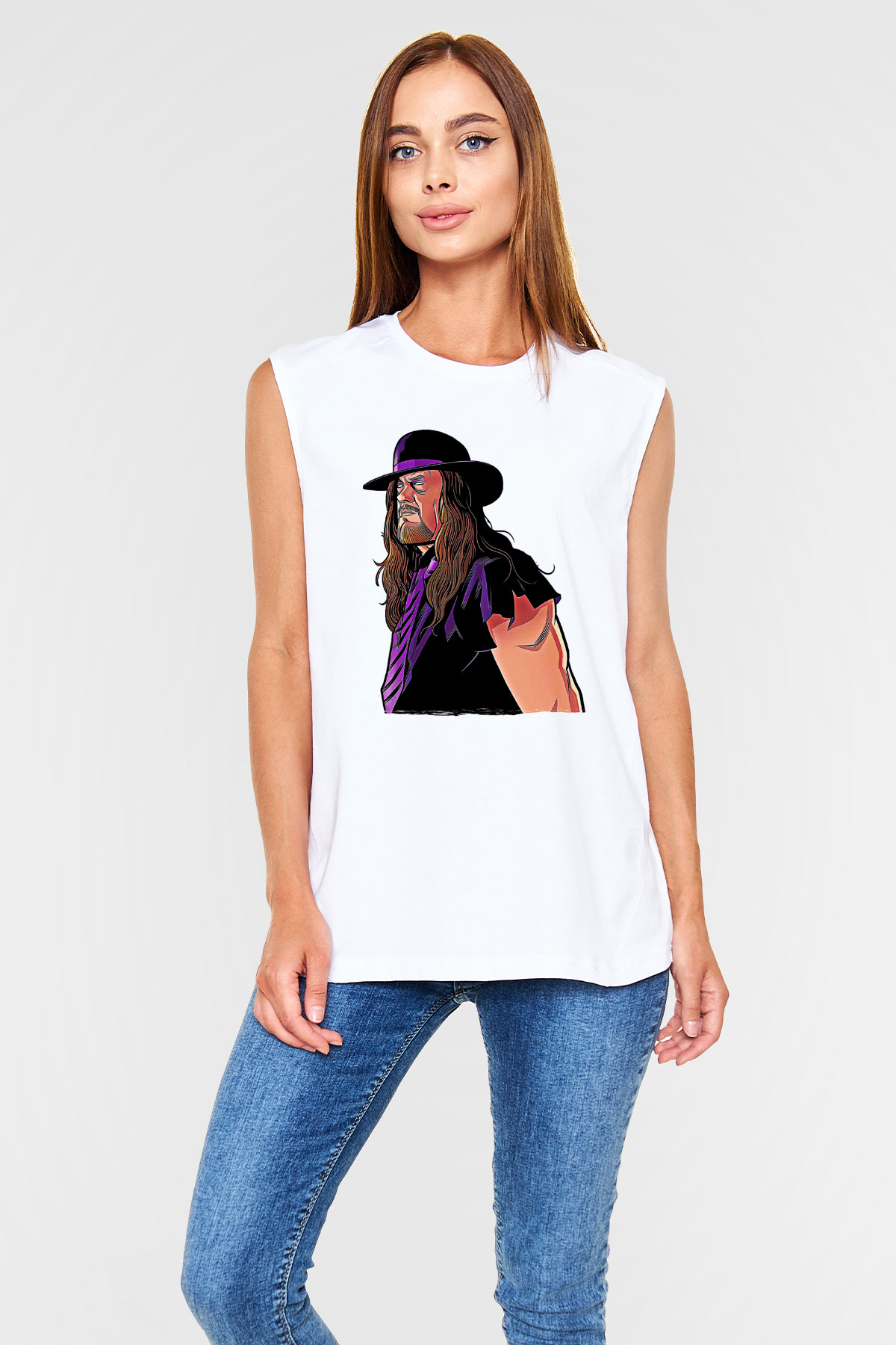 Undertaker Baskılı Beyaz Unisex Kolsuz Tişört - Tshirt