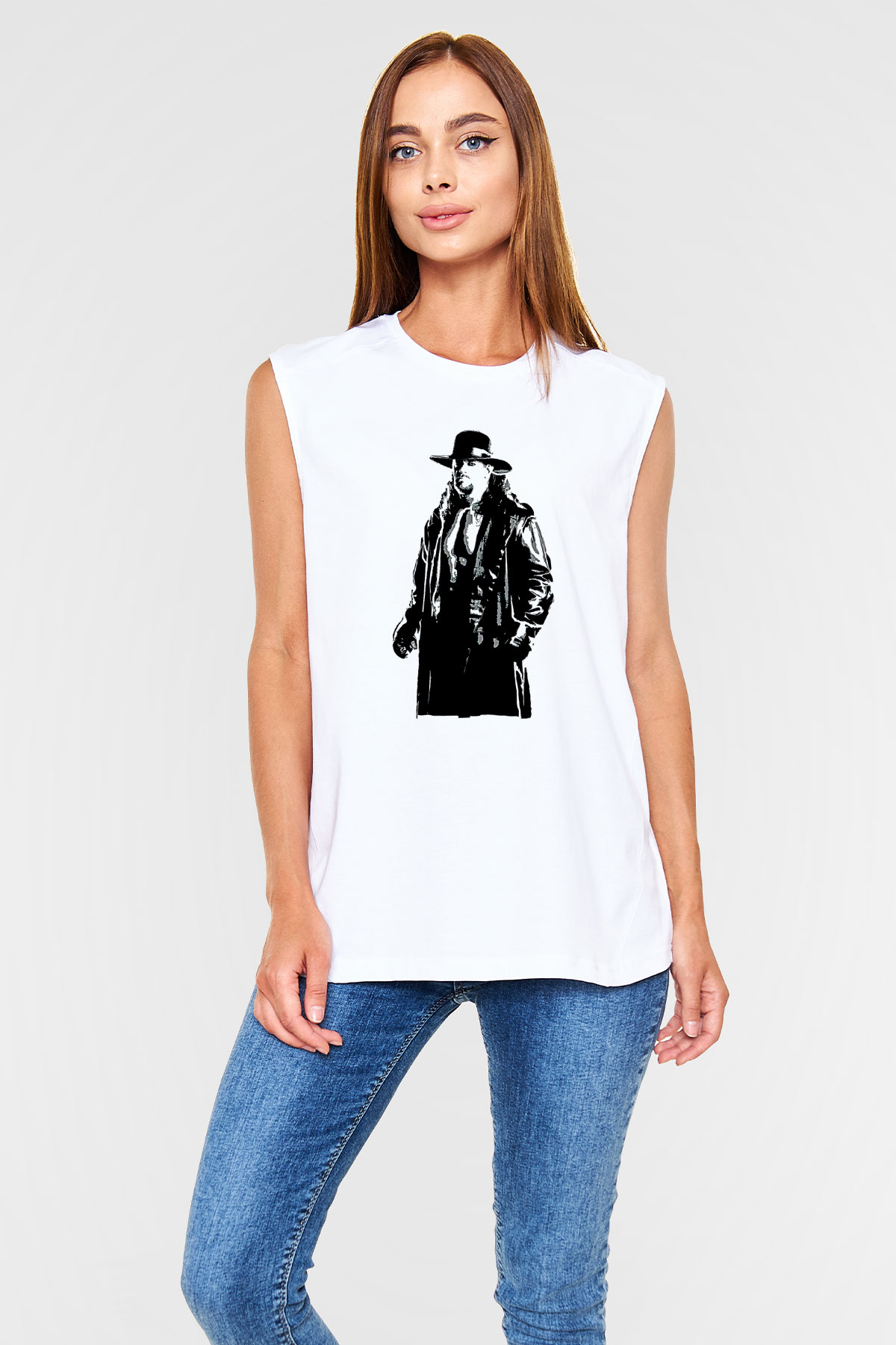 Undertaker Baskılı Beyaz Unisex Kolsuz Tişört - Tshirt