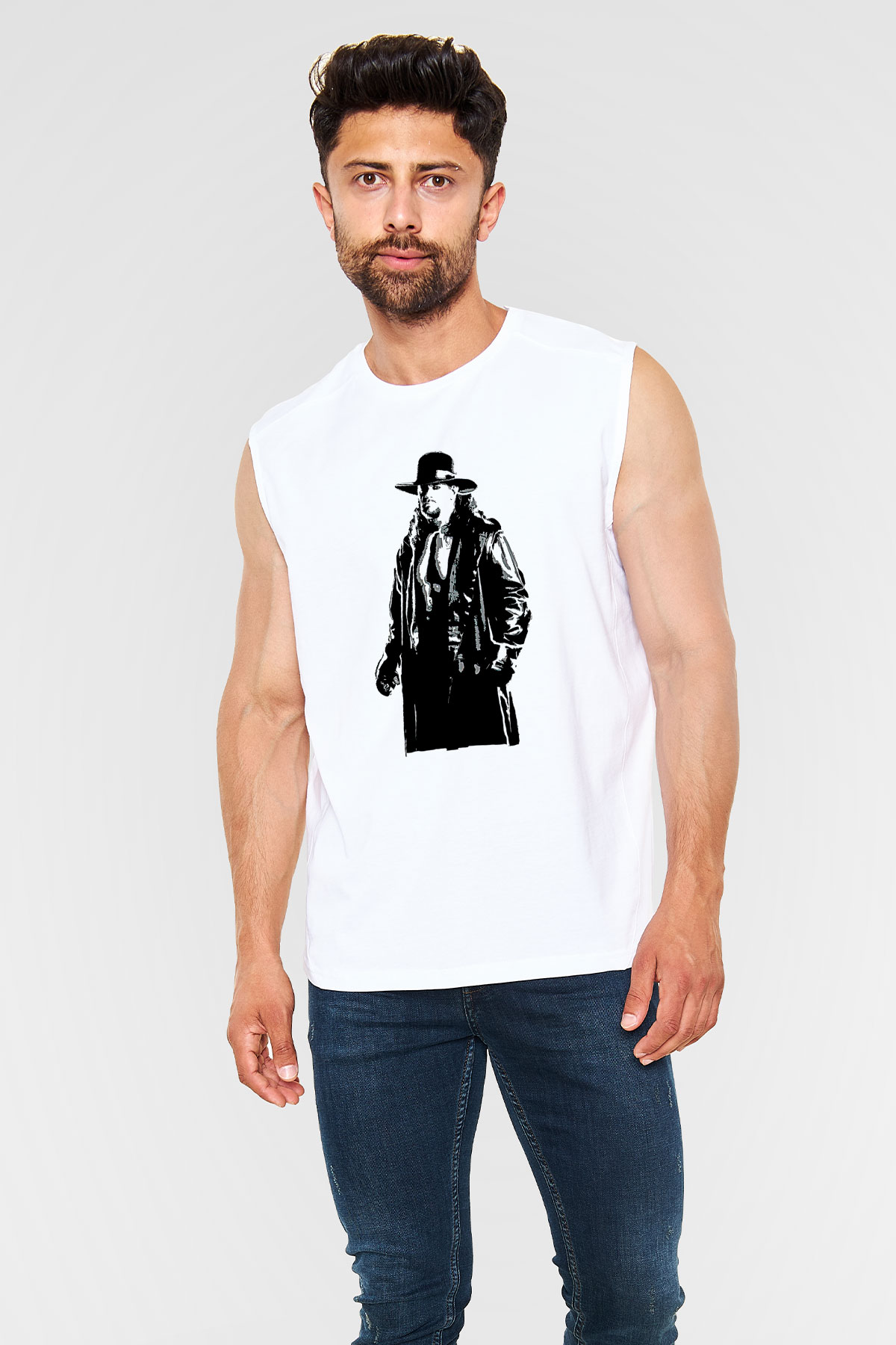 Undertaker Baskılı Beyaz Unisex Kolsuz Tişört - Tshirt