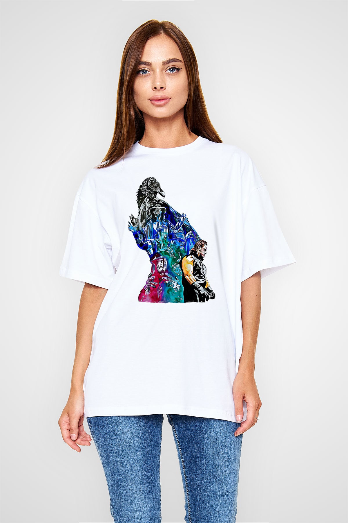 Undertaker Baskılı Beyaz Unisex Oversize Tişört - Tshirt