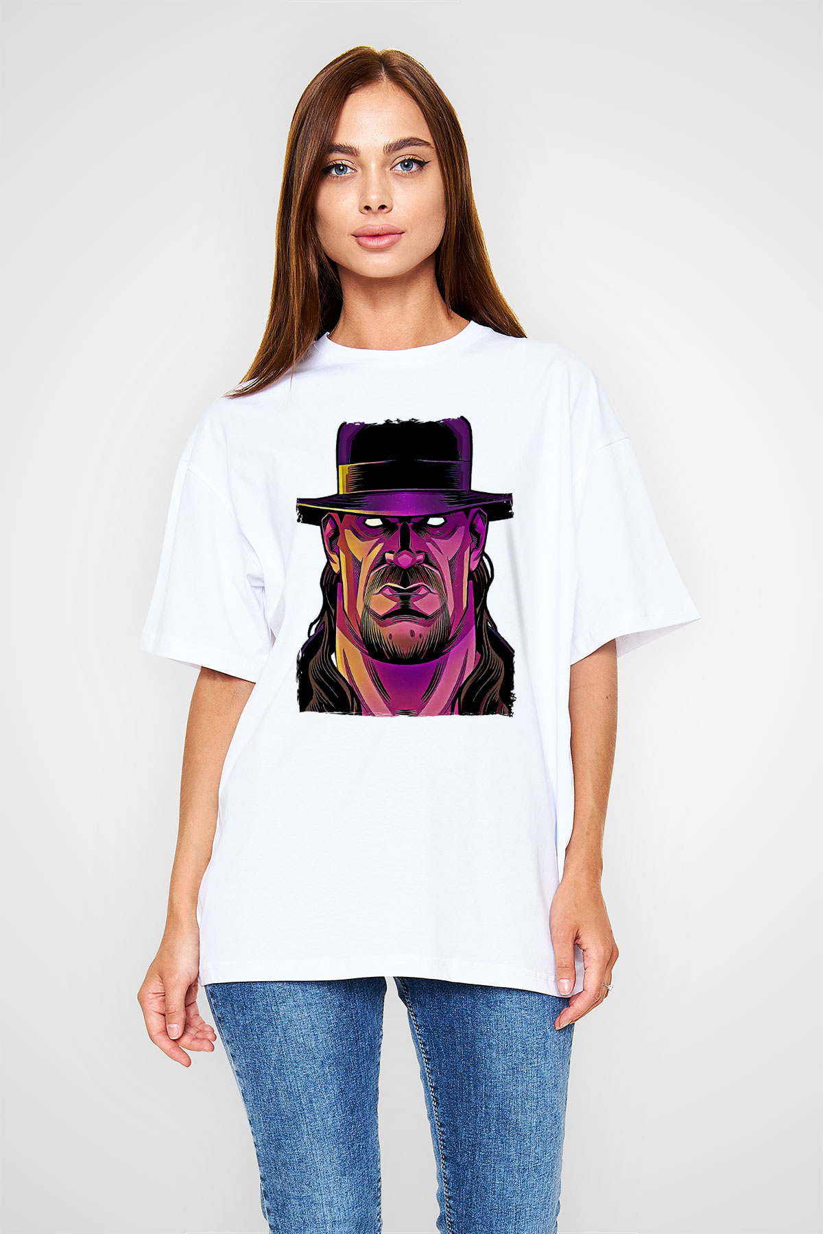 Undertaker Baskılı Beyaz Unisex Oversize Tişört - Tshirt