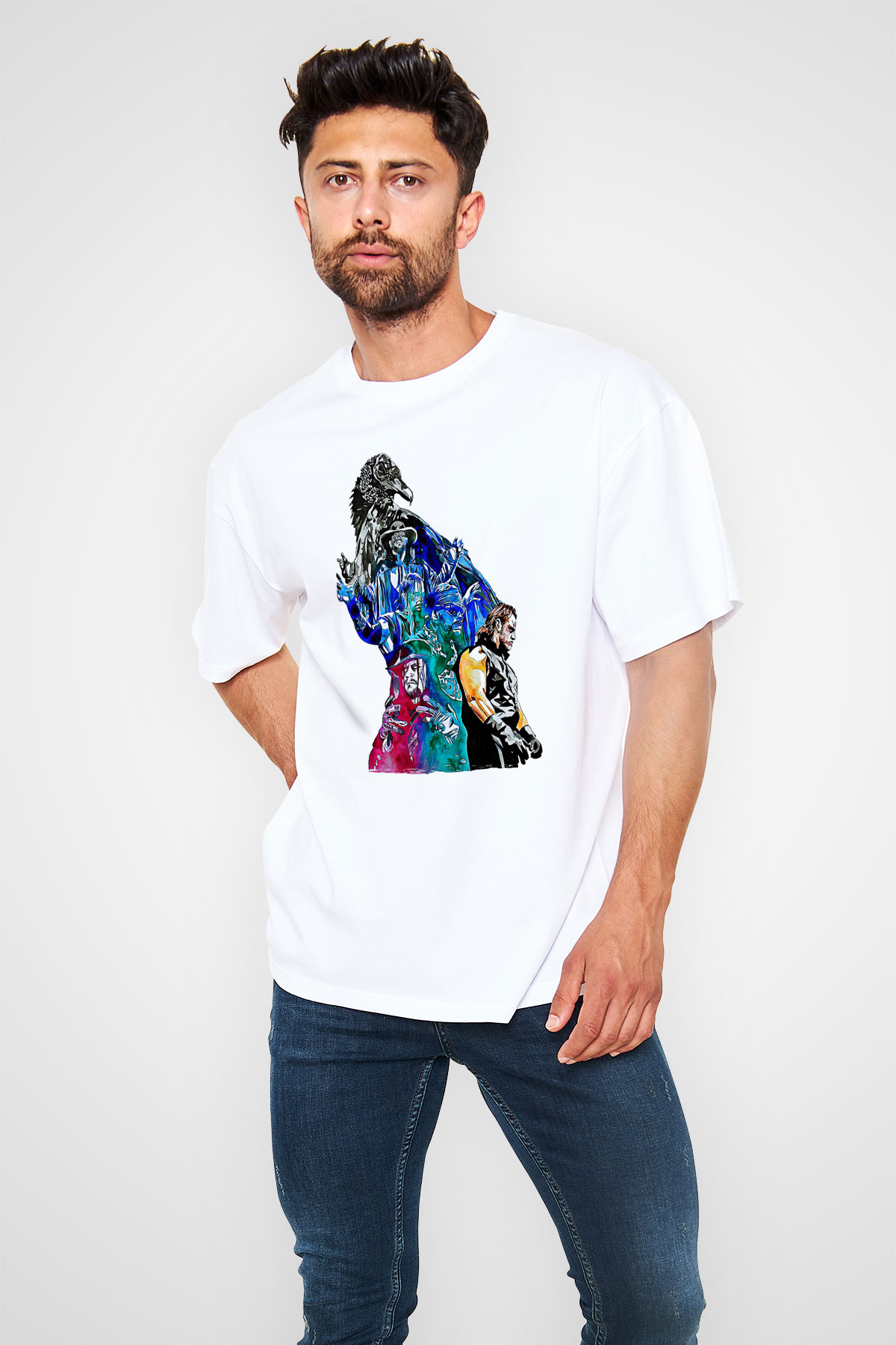 Undertaker Baskılı Beyaz Unisex Oversize Tişört - Tshirt