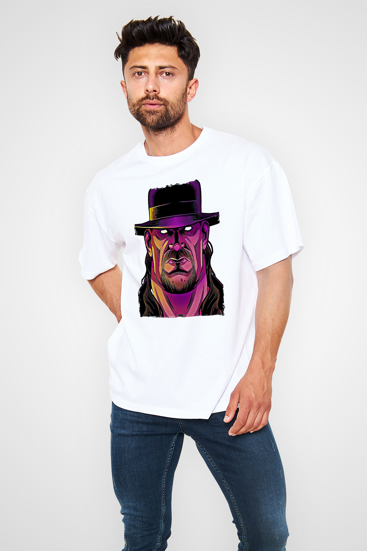 Undertaker Baskılı Beyaz Unisex Oversize Tişört - Tshirt