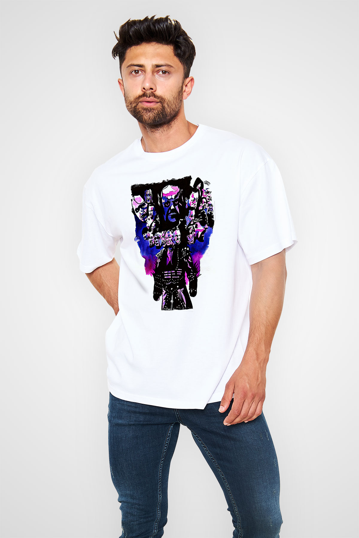 Undertaker Baskılı Beyaz Unisex Oversize Tişört - Tshirt