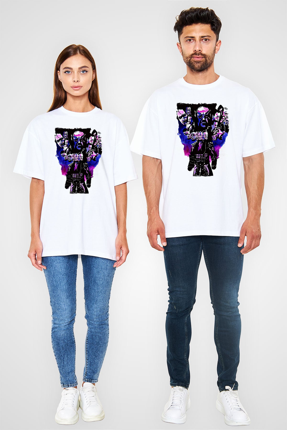 Undertaker Baskılı Beyaz Unisex Oversize Tişört - Tshirt