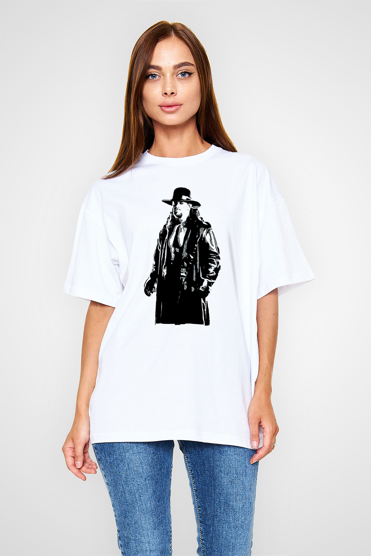 Undertaker Baskılı Beyaz Unisex Oversize Tişört - Tshirt