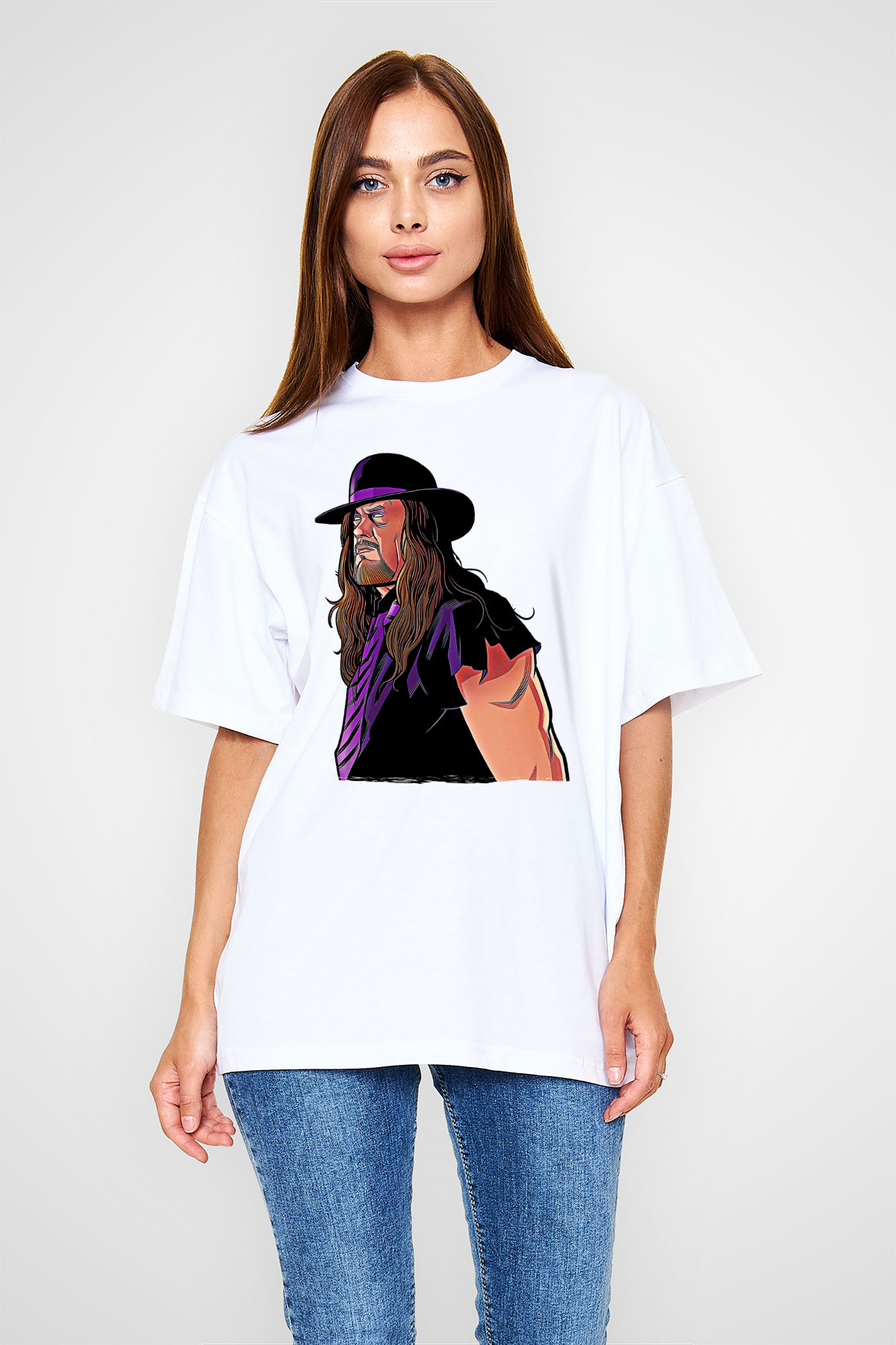 Undertaker Baskılı Beyaz Unisex Oversize Tişört - Tshirt