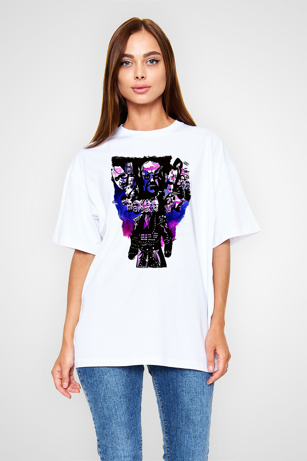 Undertaker Baskılı Beyaz Unisex Oversize Tişört - Tshirt