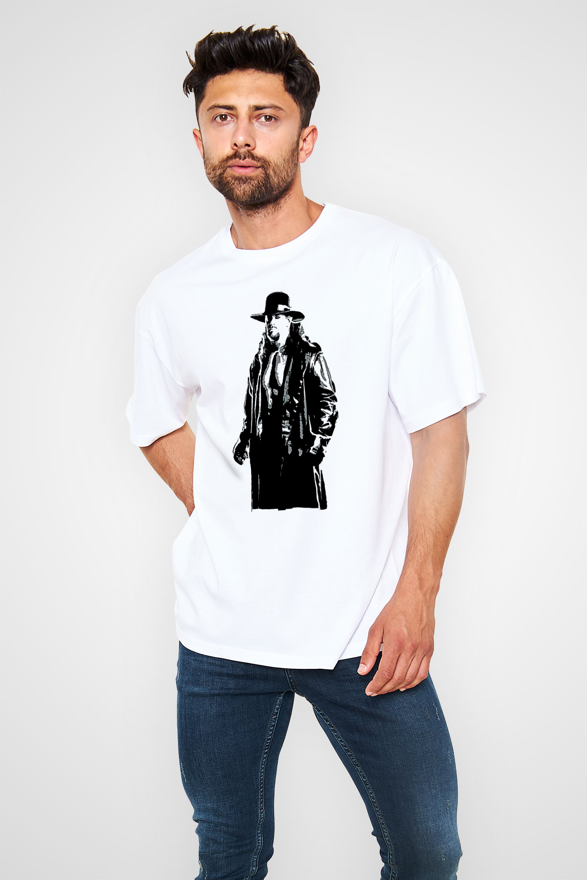 Undertaker Baskılı Beyaz Unisex Oversize Tişört - Tshirt