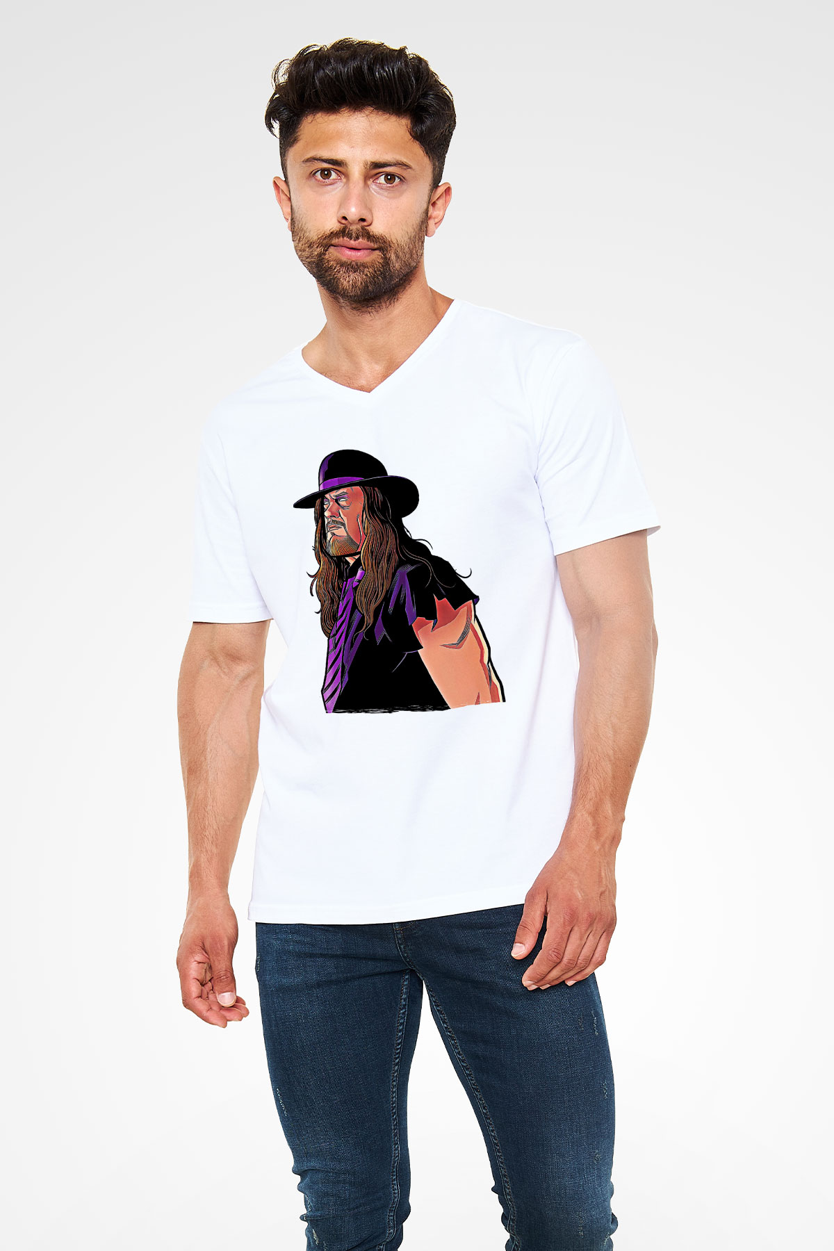 Undertaker Baskılı Beyaz Unisex V Yaka Tişört - Tshirt