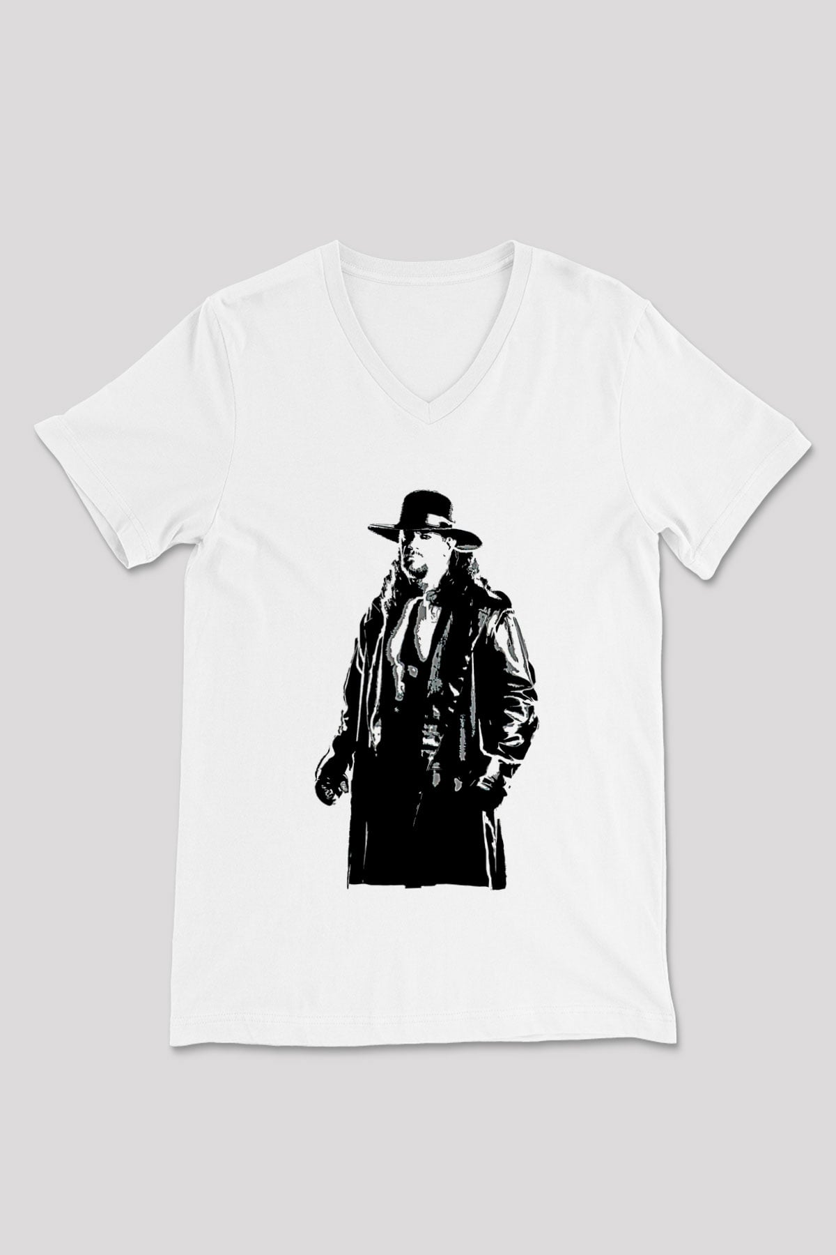 Undertaker Baskılı Beyaz Unisex V Yaka Tişört - Tshirt