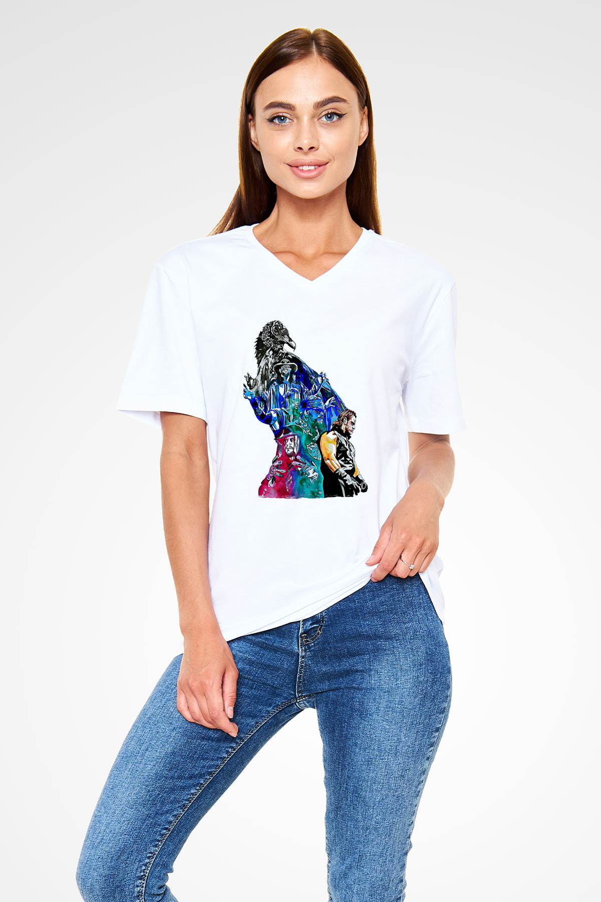 Undertaker Baskılı Beyaz Unisex V Yaka Tişört - Tshirt