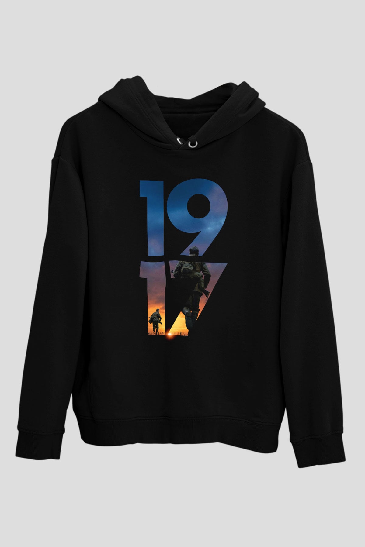 Unisex 1917 Baskılı Siyah Kapüşonlu Sweatshirt