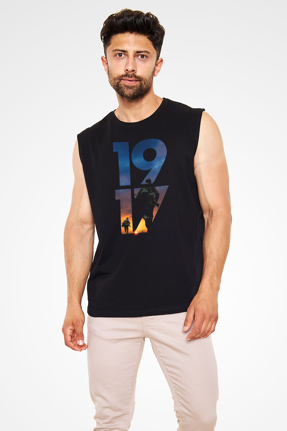 Unisex 1917 Baskılı Siyah Kolsuz T-shirt