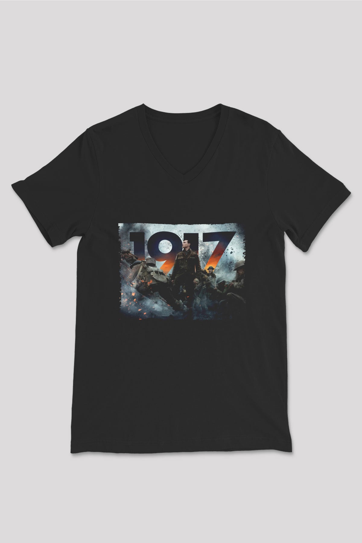 Unisex 1917 Baskılı Siyah V Yaka Tshirt