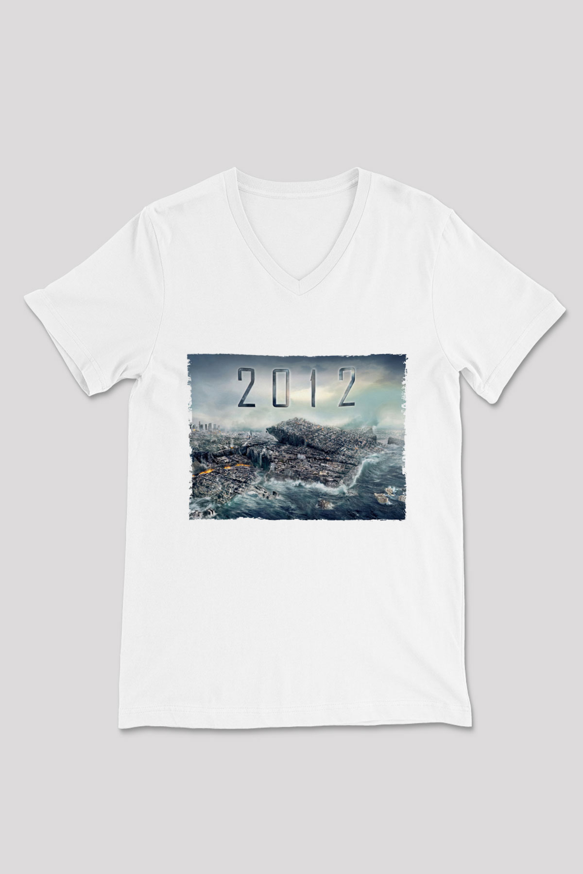 Unisex 2012 Baskılı Beyaz V Yaka Tshirt