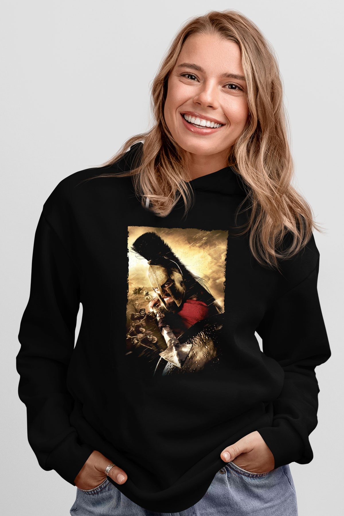 Unisex 300 Baskılı Siyah Kapüşonlu Sweatshirt