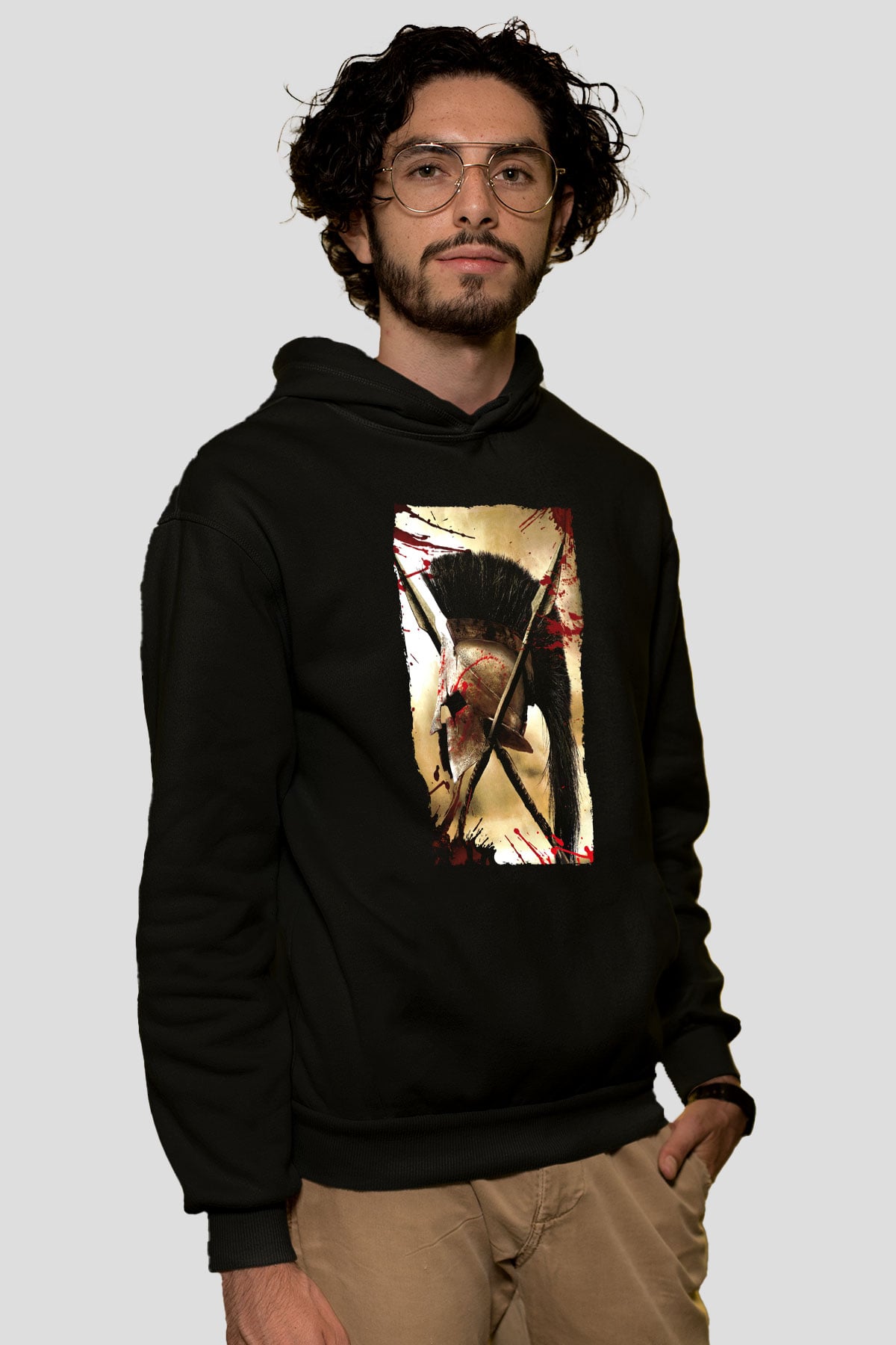Unisex 300 Baskılı Siyah Kapüşonlu Sweatshirt
