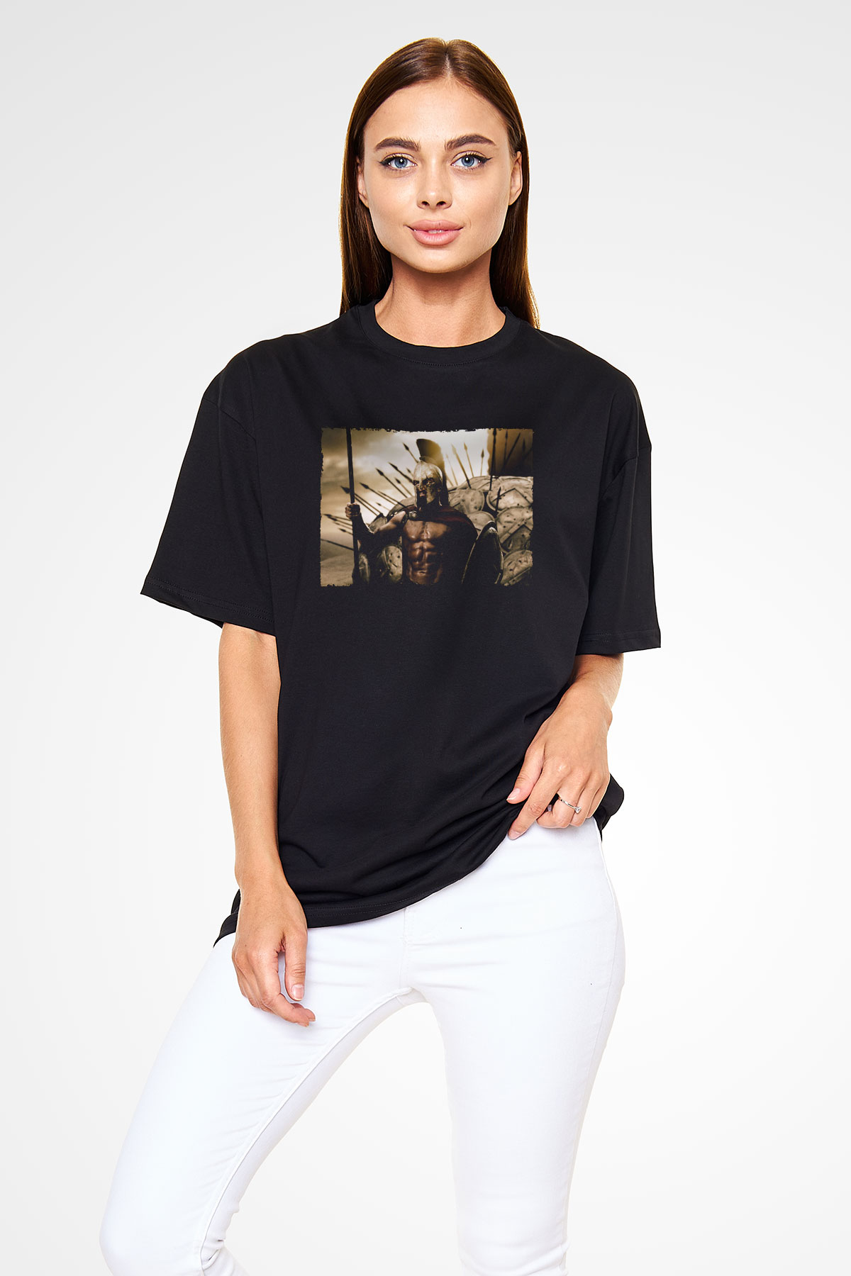 Unisex 300 Spartalı Baskılı Siyah Oversize T-shirt