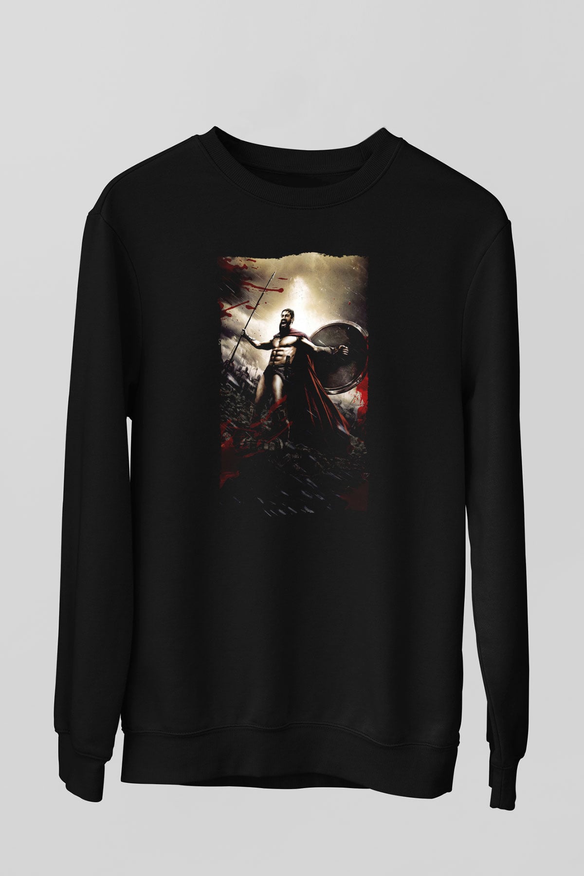 Unisex 300 Spartalı Baskılı Siyah Sweatshirt