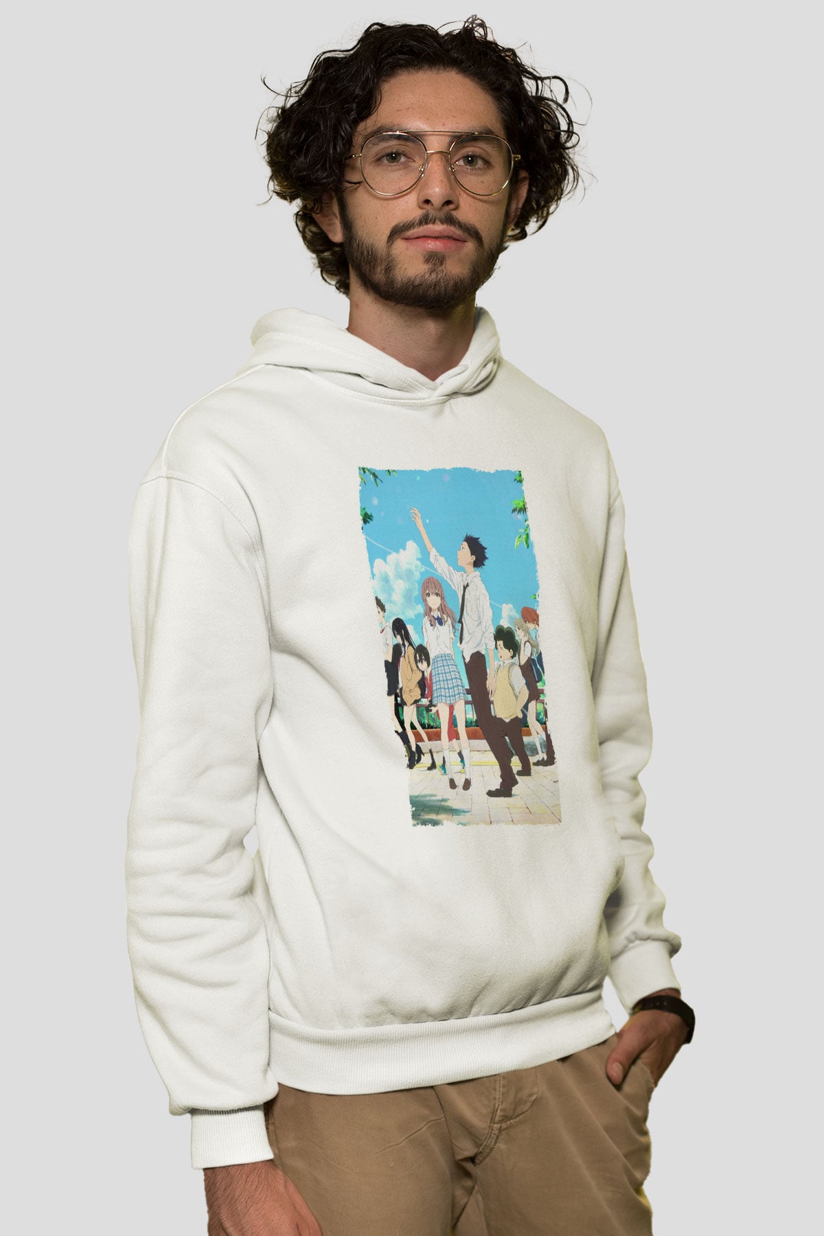 Unisex A Silent Voice Baskılı Beyaz Kapüşonlu Sweatshirt