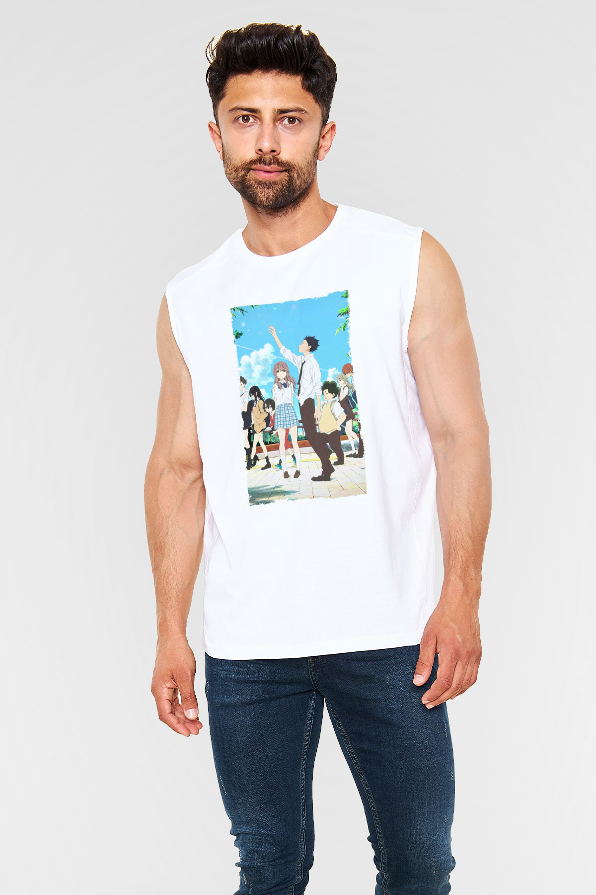 Unisex A Silent Voice Baskılı Beyaz Kolsuz Tshirt