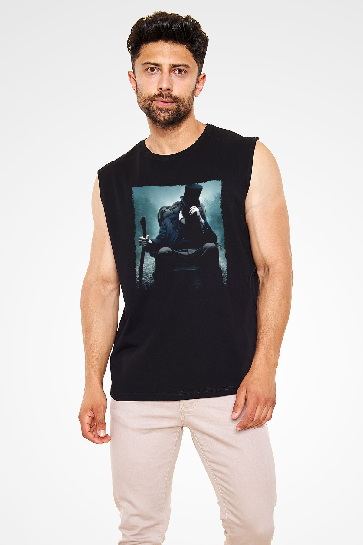 Unisex Abraham Lincoln Vampir Avcısı (Abraham Lincoln Vampire Hunter) Baskılı Siyah Kolsuz T-shirt