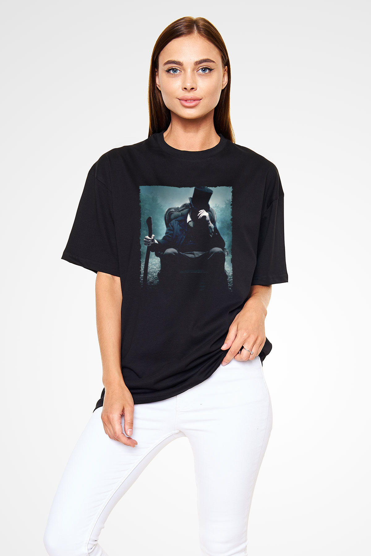 Unisex Abraham Lincoln Vampir Avcısı (Abraham Lincoln Vampire Hunter) Baskılı Siyah Oversize T-shirt