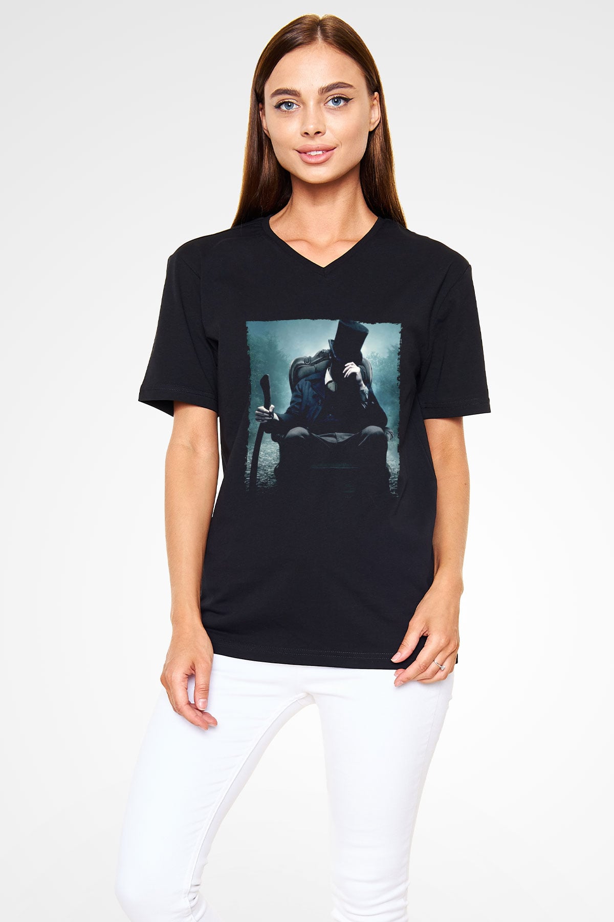 Unisex Abraham Lincoln Vampir Avcısı (Abraham Lincoln Vampire Hunter) Baskılı Siyah V Yaka T-shirt
