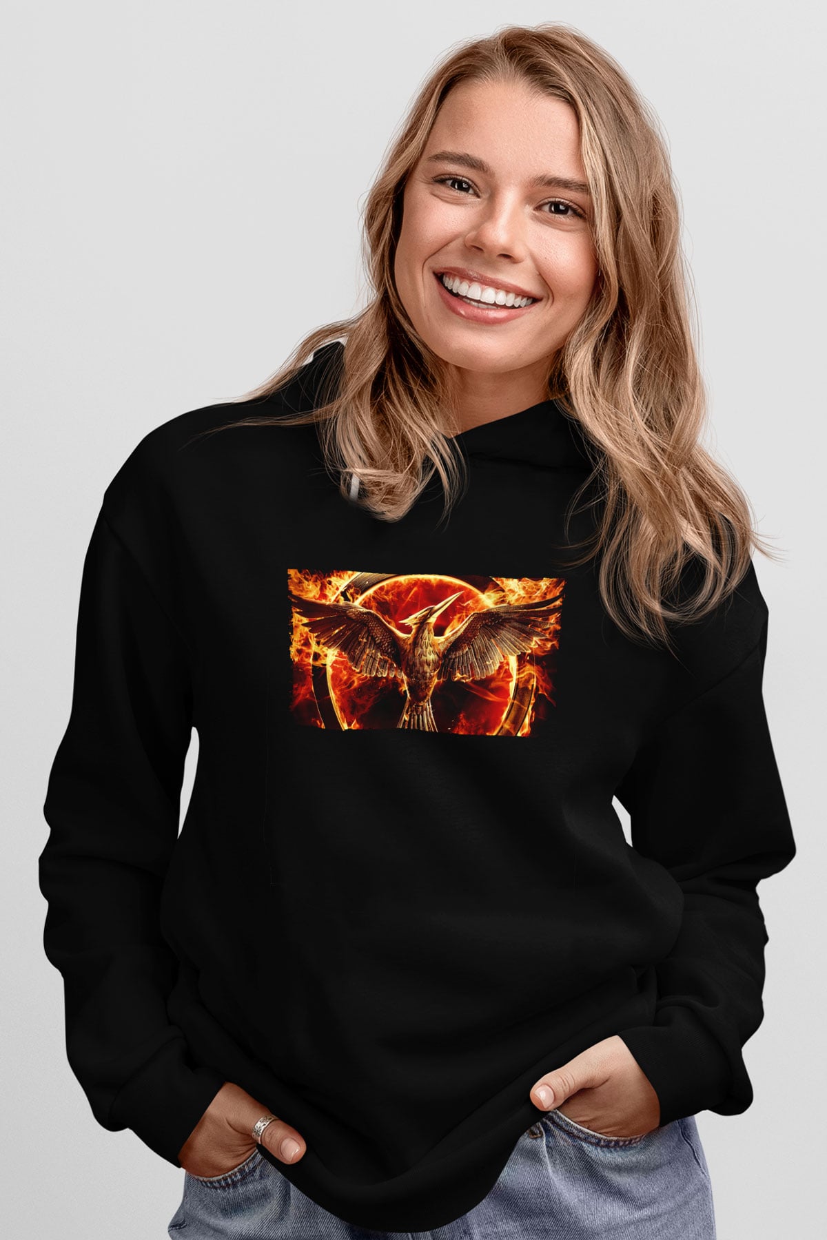 Unisex Açlık Oyunları (The Hunger Games) Baskılı Siyah Kapüşonlu Sweatshirt