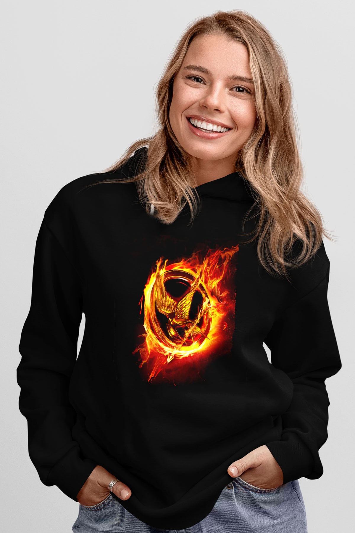 Unisex Açlık Oyunları (The Hunger Games) Baskılı Siyah Kapüşonlu Sweatshirt