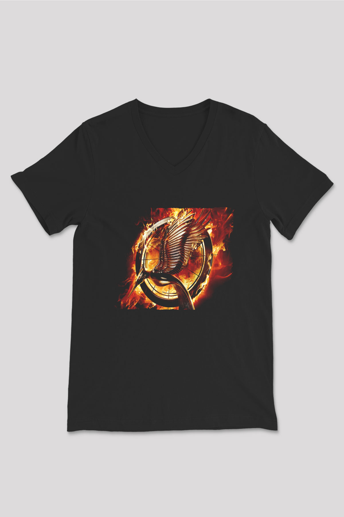 Unisex Açlık Oyunları (The Hunger Games) Baskılı Siyah Unisex V Yaka Tişört