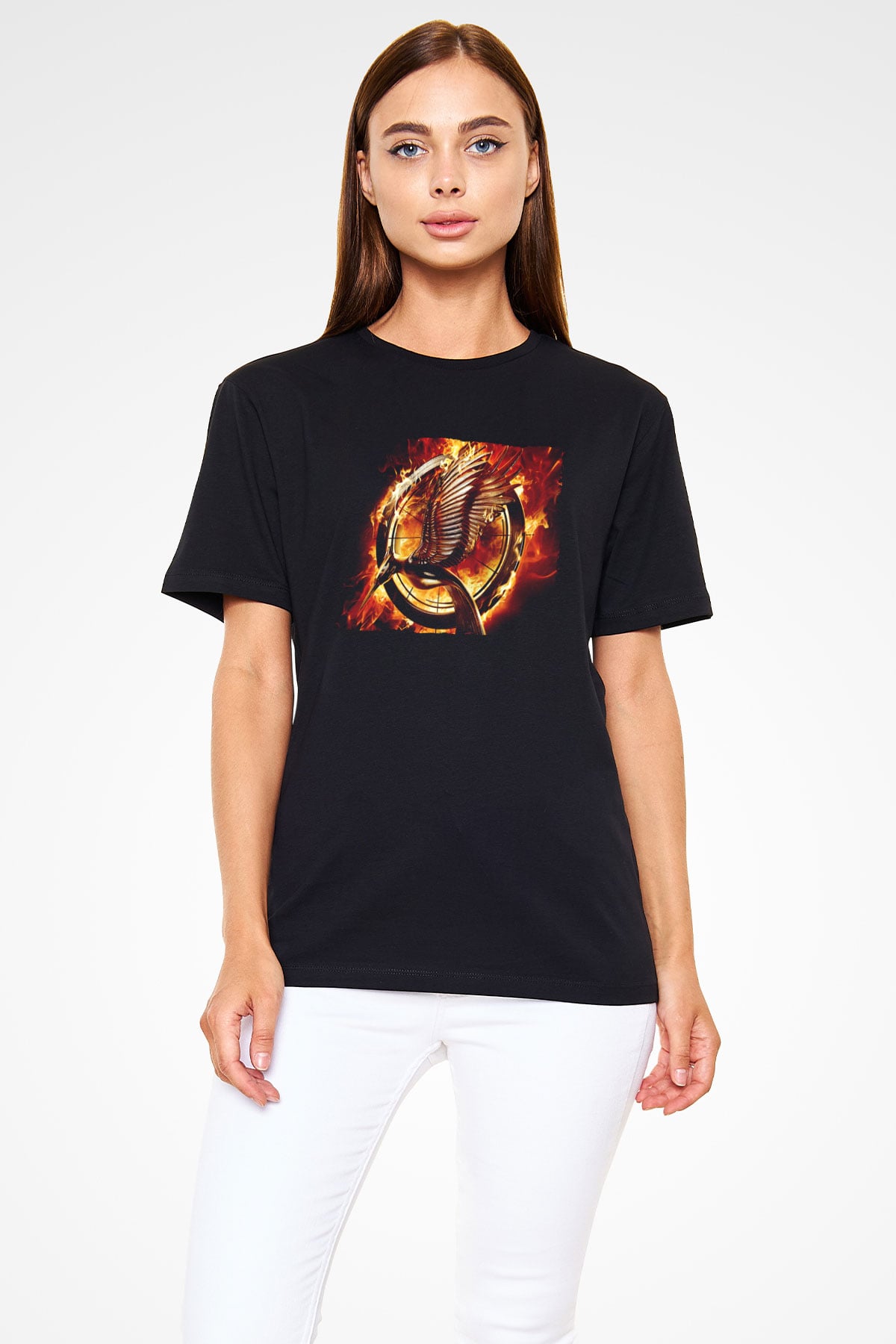 Unisex Açlık Oyunları (The Hunger Games) Baskılı Siyah Unisex Tişört