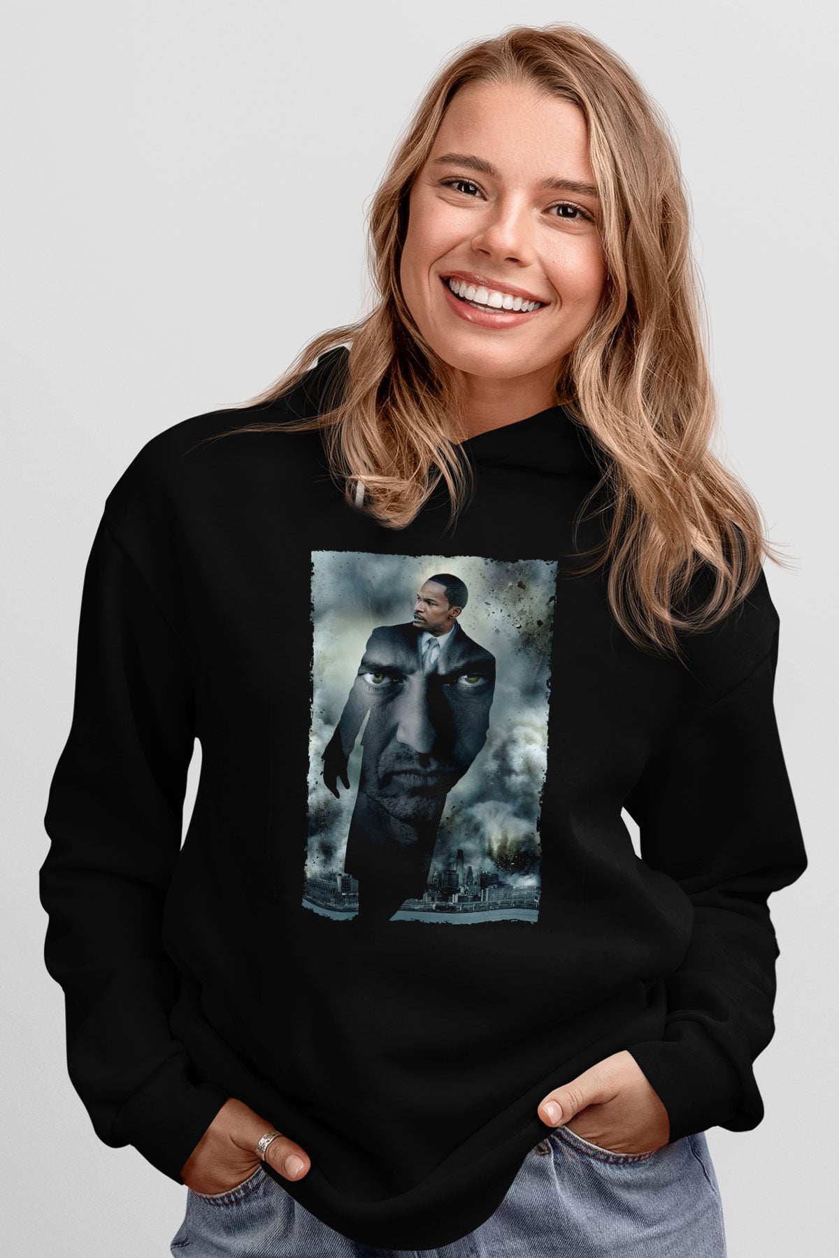 Unisex Adalet Peşinde (Law Abiding Citizen) Baskılı Siyah Kapüşonlu Sweatshirt