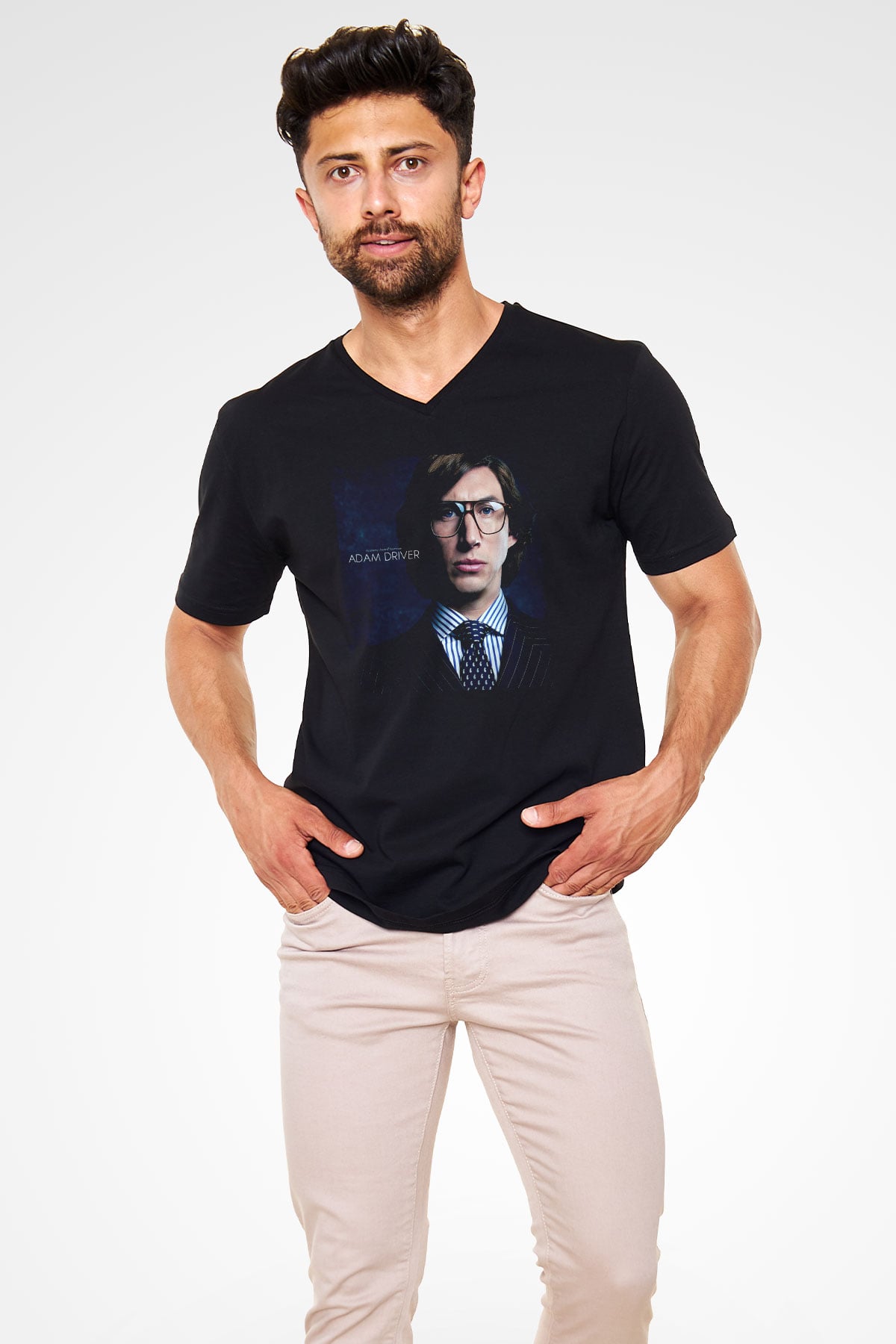 Unisex Adam Driver Baskılı Siyah V Yaka Tişört