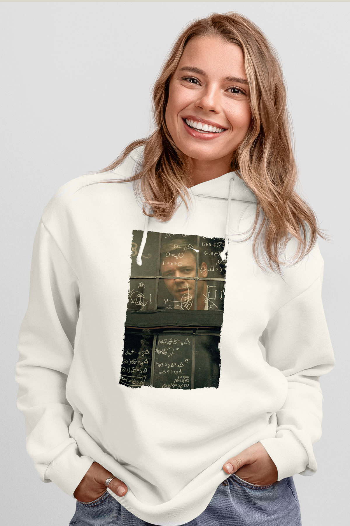 Unisex Akıl Oyunları - A Beautiful Mind Baskılı Beyaz Kapüşonlu Sweatshirt