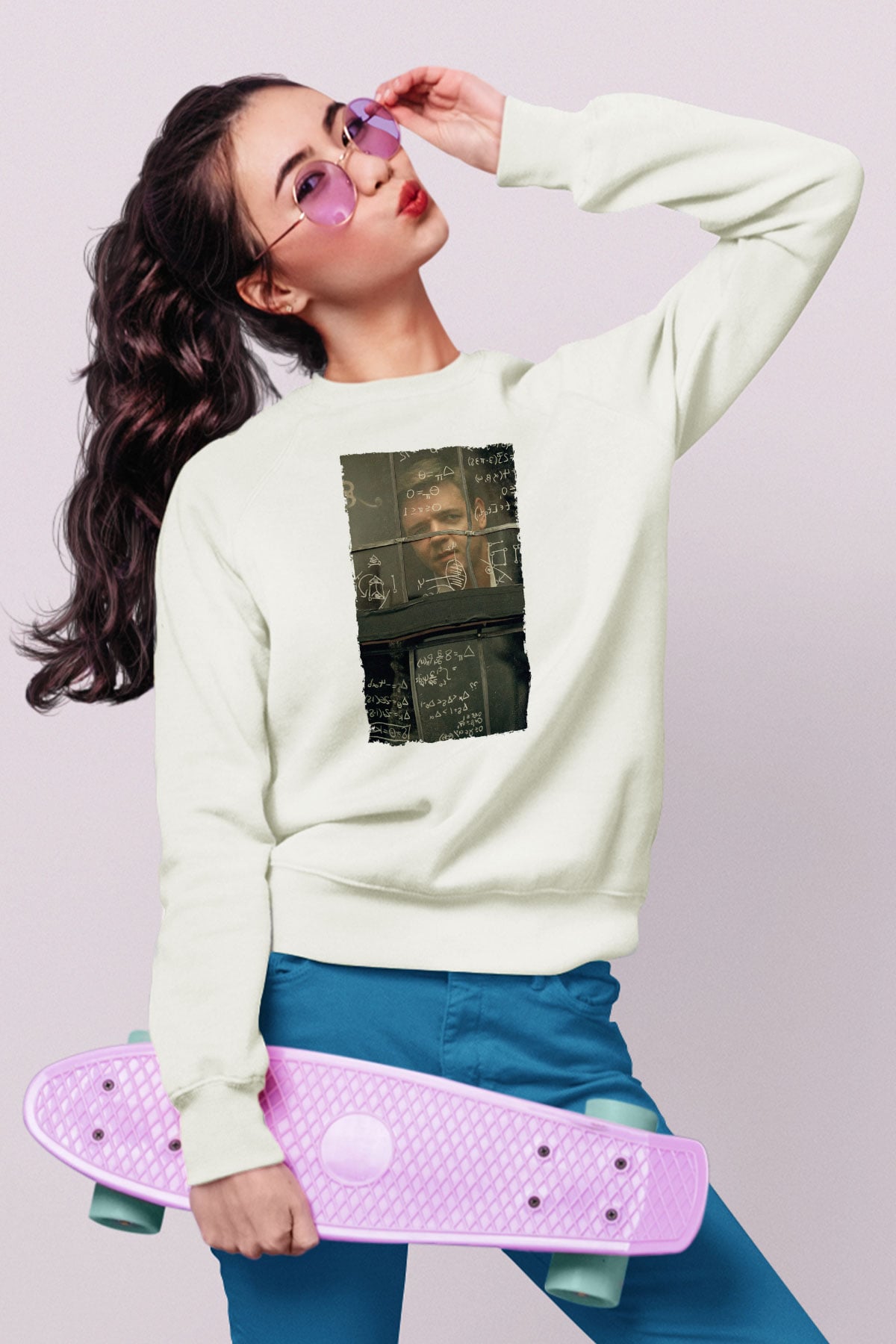 Unisex Akıl Oyunları - A Beautiful Mind Baskılı Beyaz Sweatshirt