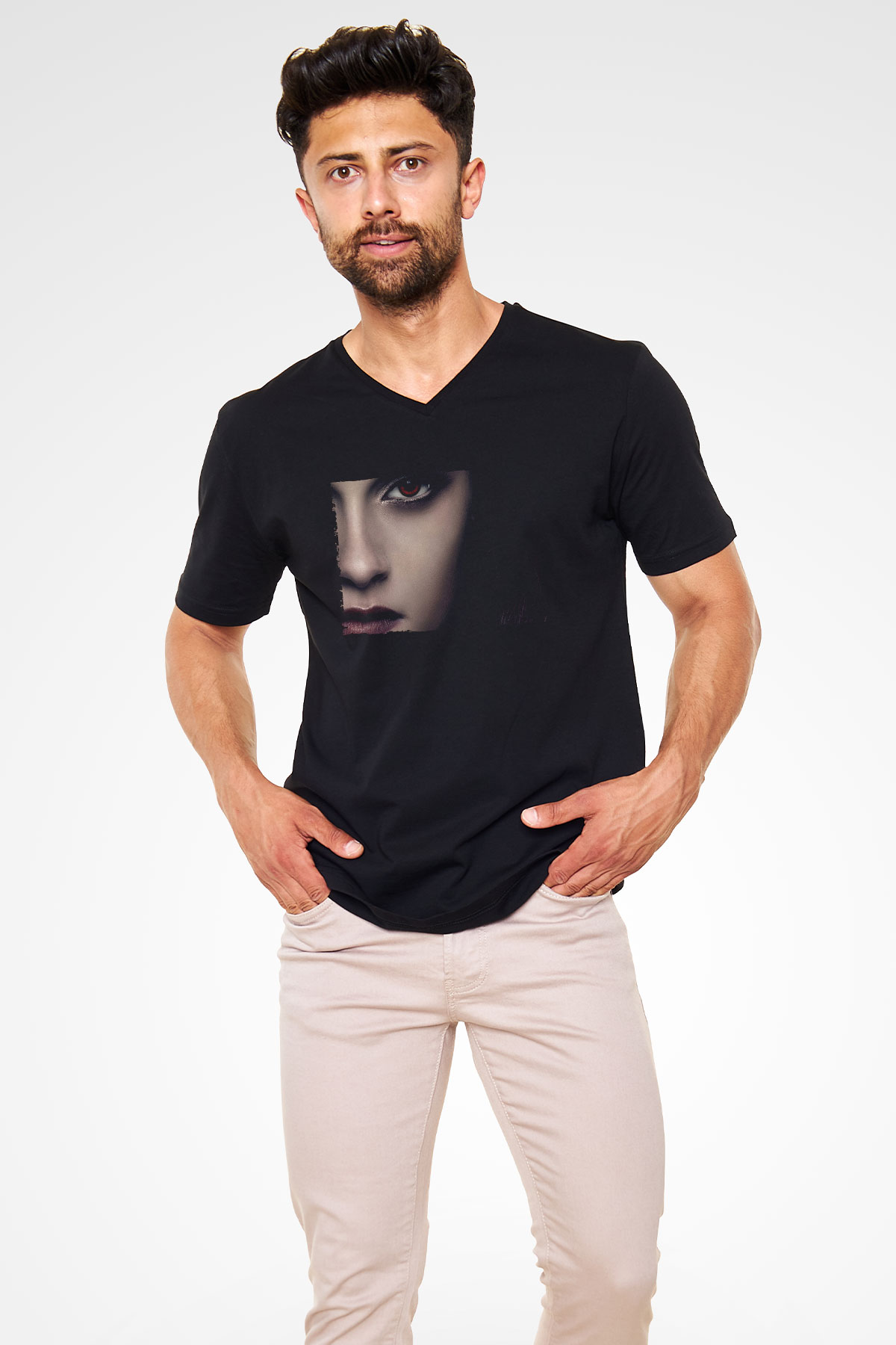 Unisex Alacakaranlık Efsanesi (The Twilight Saga) Baskılı Siyah V Yaka T-shirt