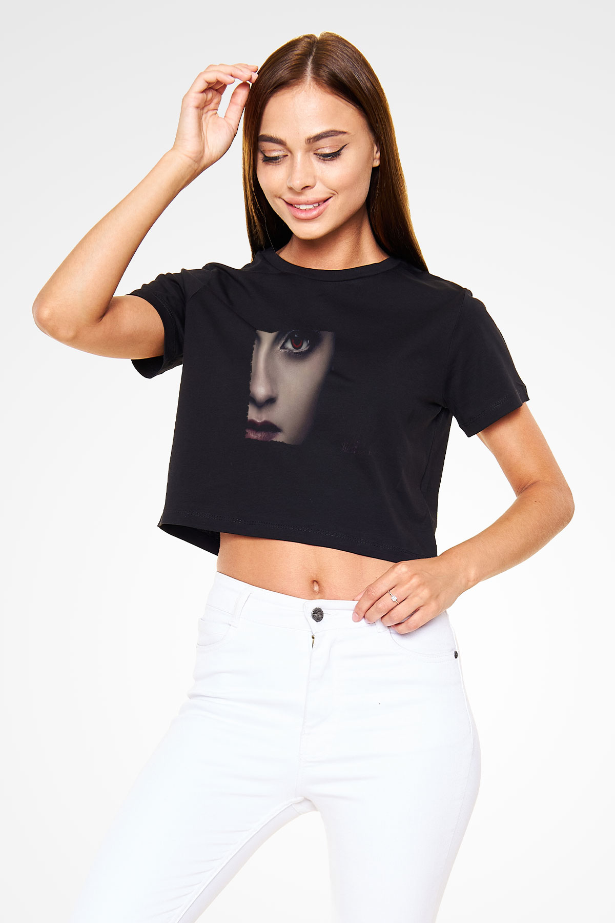 Unisex Alacakaranlık Efsanesi (The Twilight Saga) Baskılı Siyah Crop Top T-shirt