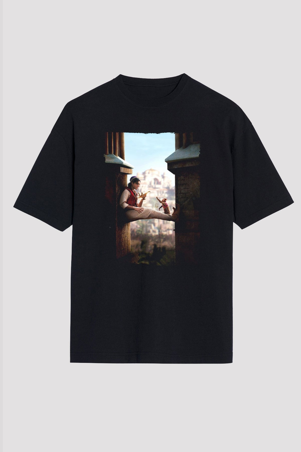 Unisex Aladdin Baskılı Siyah Oversize Tişört