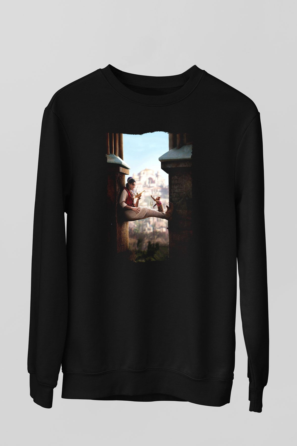 Unisex Aladdin Baskılı Siyah Sweatshirt