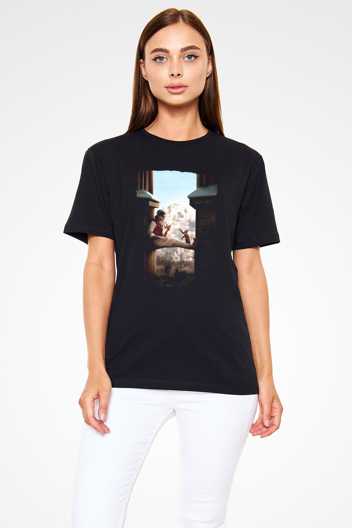 Unisex Aladdin Baskılı Siyah Tişört
