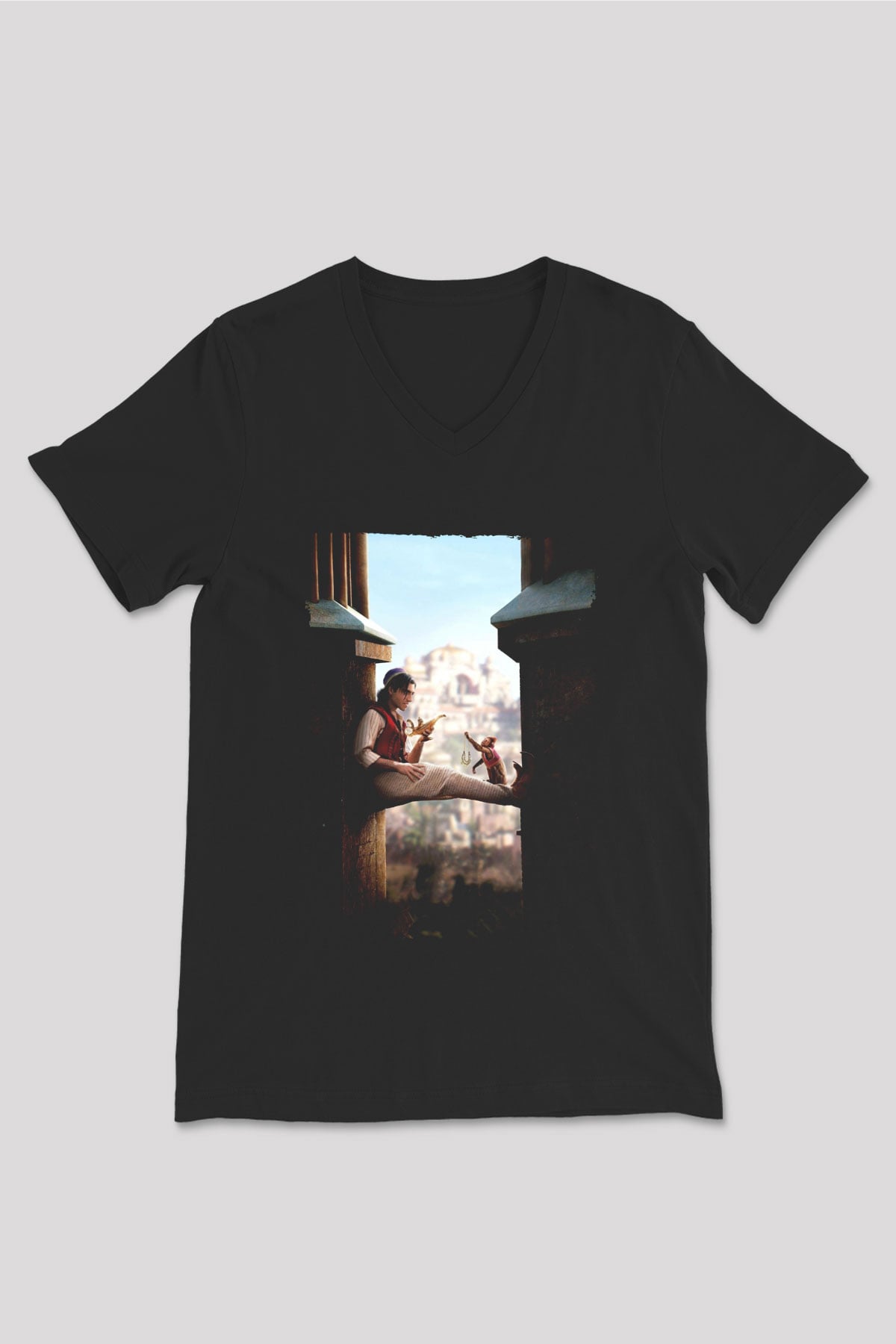 Unisex Aladdin Baskılı Siyah V Yaka Tişört