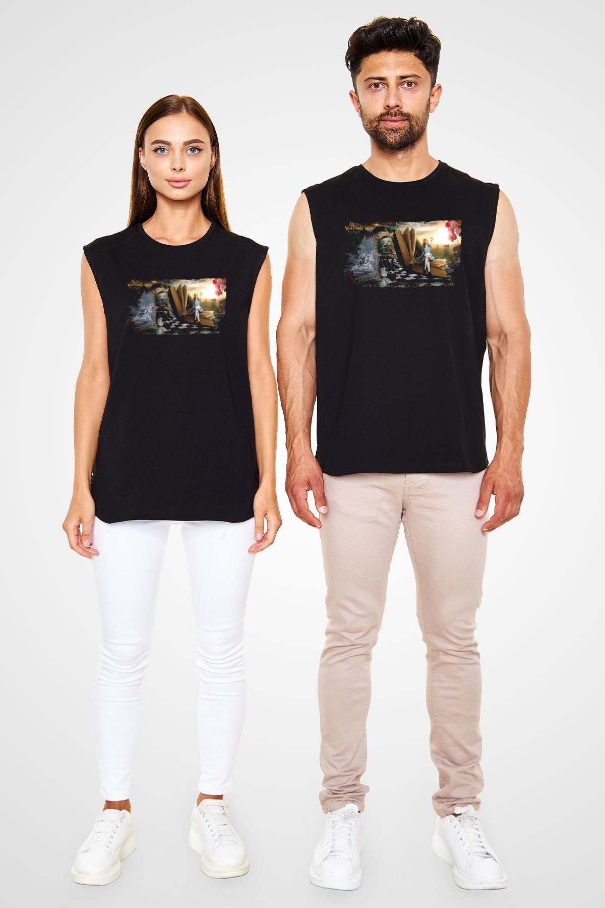 Unisex Alis Harikalar Diyarında Baskılı Siyah Kolsuz Tshirt