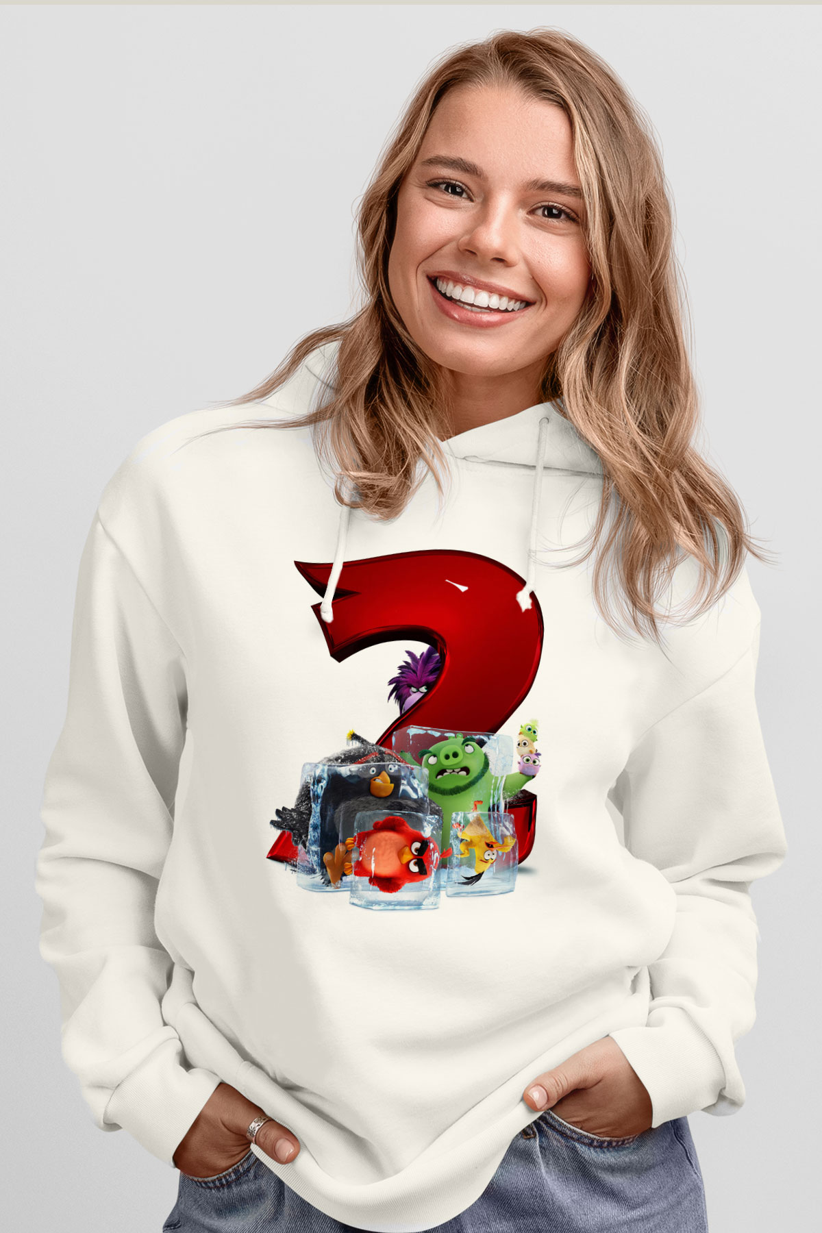 Unisex Angry Birds Baskılı Beyaz Kapüşonlu Sweatshirt