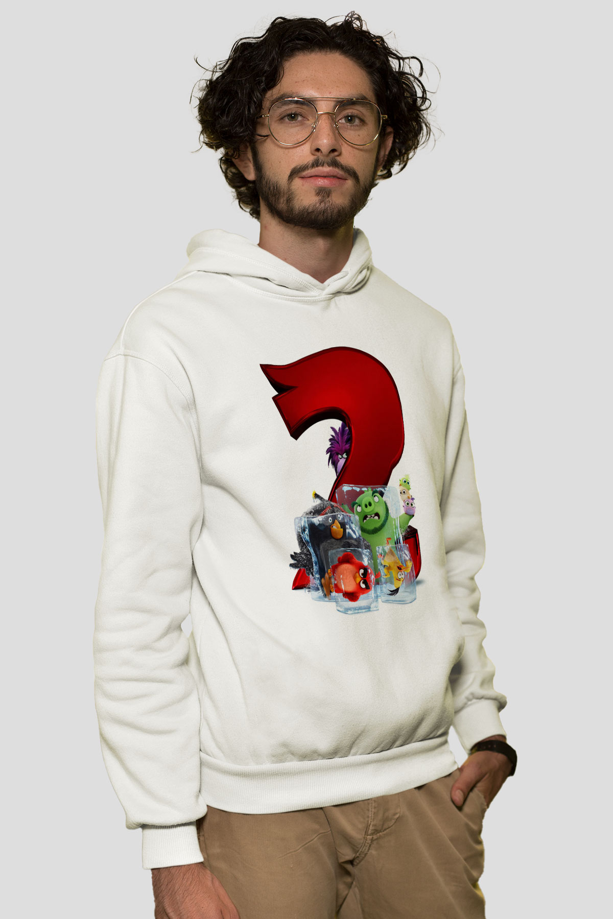 Unisex Angry Birds Baskılı Beyaz Kapüşonlu Sweatshirt
