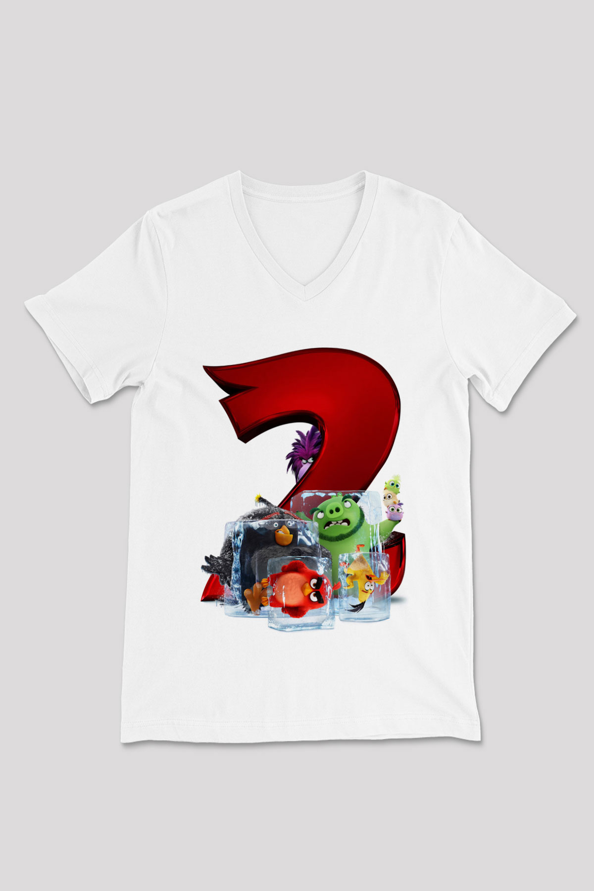 Unisex Angry Birds Baskılı Beyaz V Yaka Tshirt